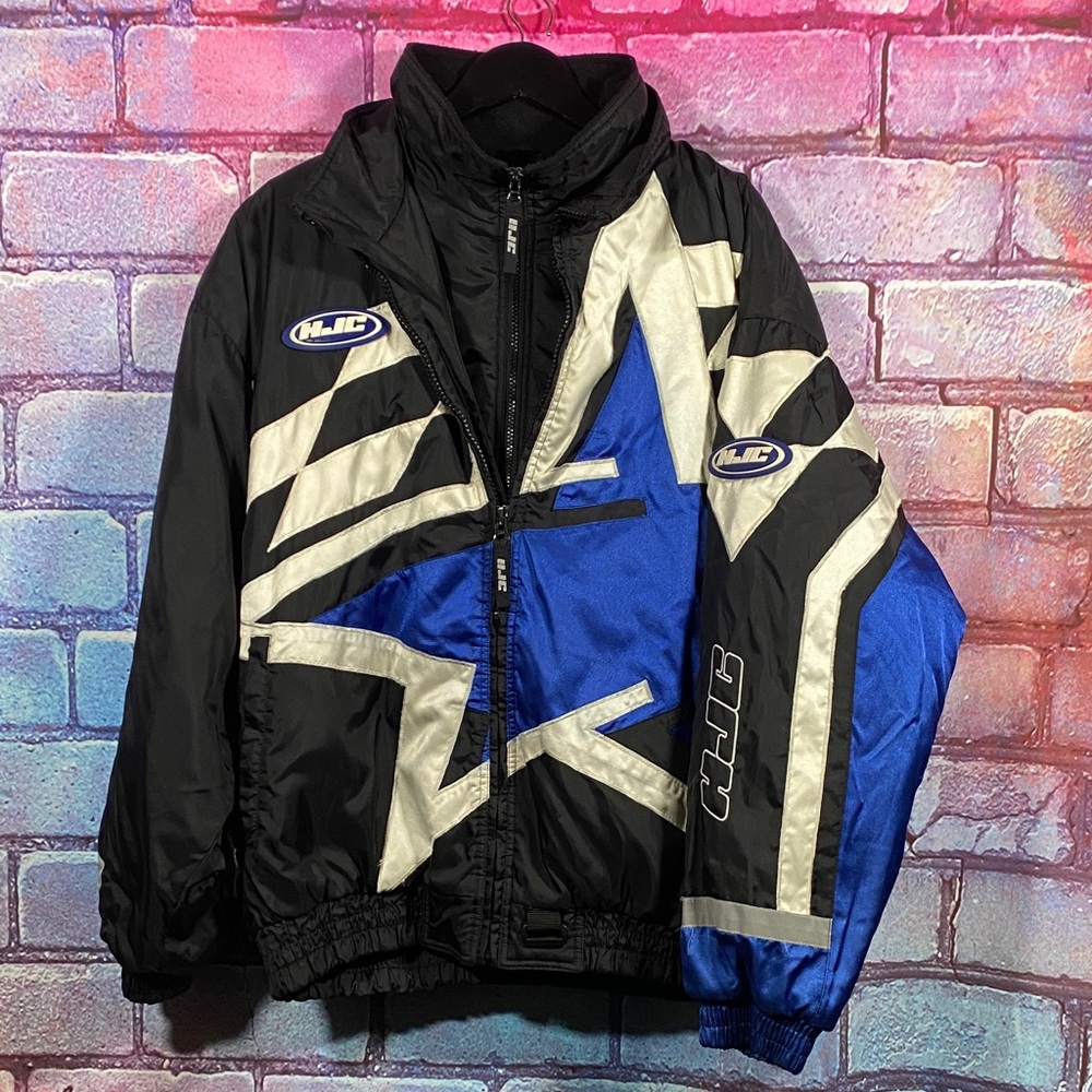 HJC Racing Star Moto Jacket Mens Large Black Blue Silver Vintage Y2K Motorcycle